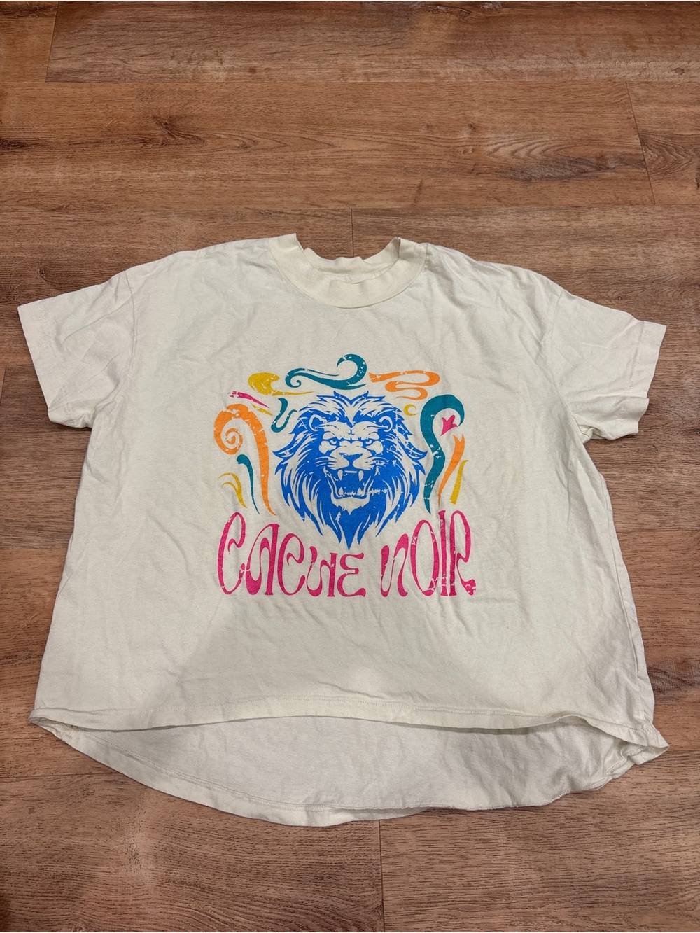 White Short Sleeve Graphic Tee with Blue Lion and Multicolor Accents